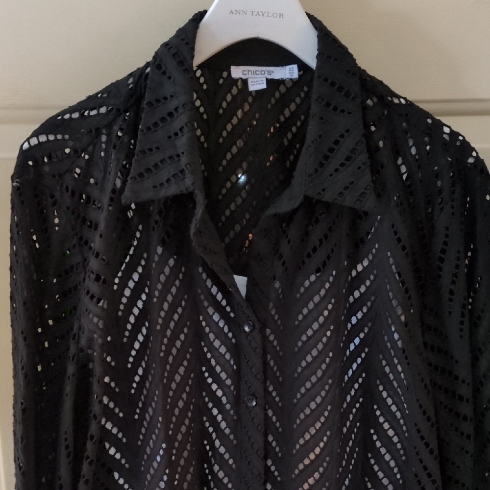 Chico's Black Cut Out Button Up Blouse With Collar And Puffy Long Sleeve
